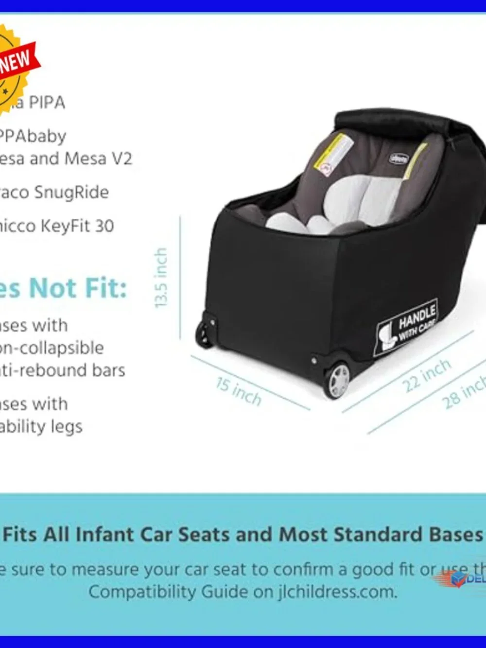 Padded Infant Car Seat Travel Bag with Wheels, Backpack Straps, AirTag